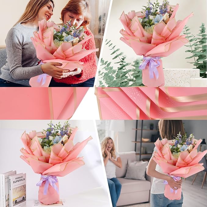 YIDATIKER 20 sheet Flower Wrapping Paper,waterproof floral wrapping paper for bouquets,DIY Florist Supplies Packaging Paper with satin ribbon for Wedding,Birthday,Valentine's Day（Rose Pink
