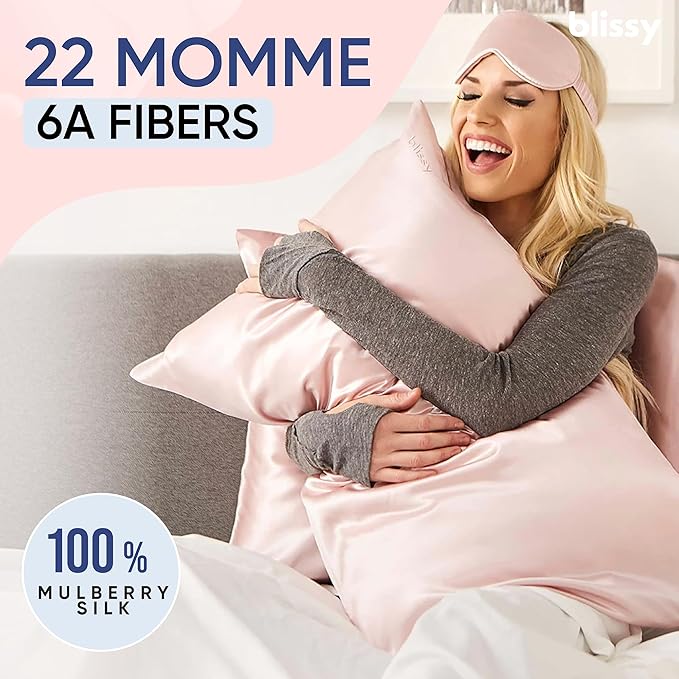 Blissy Silk Pillowcase - 100% Pure Mulberry Silk - 22 Momme 6A High-Grade Fibers - Silk Pillow Cover for Hair & Skin - Regular, Queen & King (Pink, Queen)