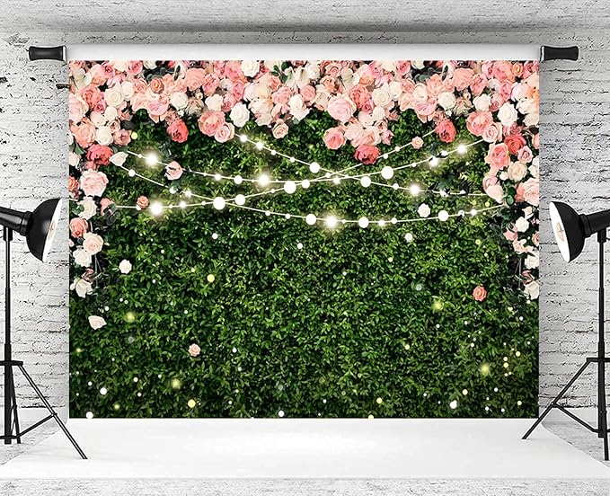 7x5ft Flower Wall Backdrop Pink Rose Floral Blossom Green Leaves Photography Background Women Girls Birthday Party Wedding Banner Decorations Portraits Supplies Photo Booth Props
