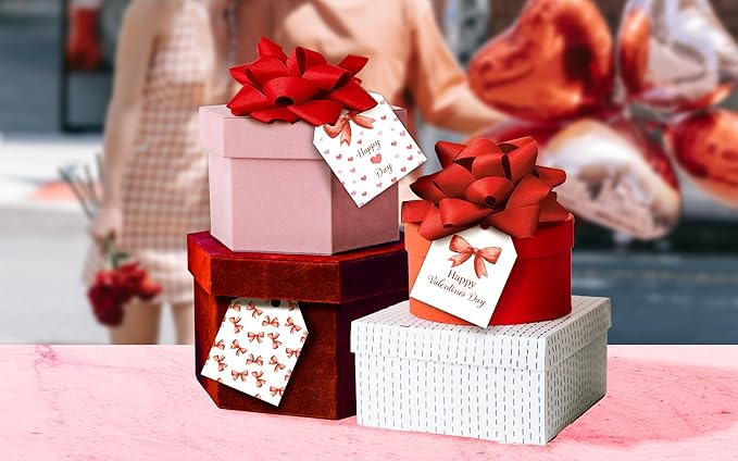 Pro Supply Global 24 Count of 2.5 Inch x 3 Inch Pre Strung Bows Valentine's Day Gift Tag Assorted Printed Designs on Large Cardstock Gift Hang Tags - Ideal to Use on Bags