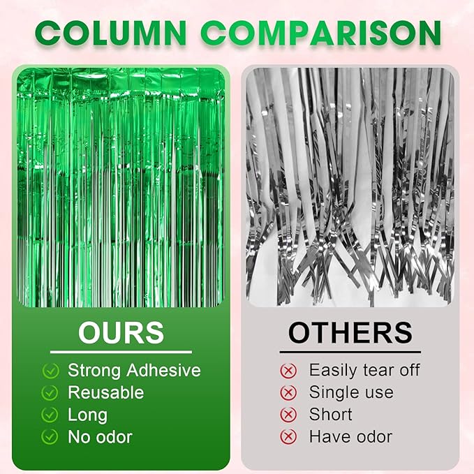 2 Pack Green Foil Fringe Backdrop Curtains, Tinsel Streamers Birthday Party Decorations, Fringe Backdrop for Graduation, Dinosaur Theme, Green Party