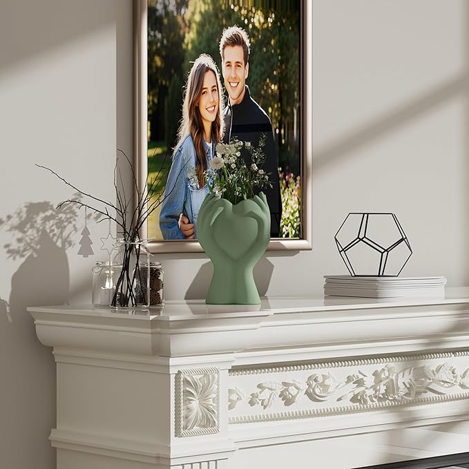 8 Inch Heart Hand White Ceramic Vase - Unique Modern Aesthetic Flowers Vase for Living Room Bedroom Office Kitchen Table Centerpiece or Shelf Decor - Gifts for Wedding Bridal Shower Women Mom (Green)
