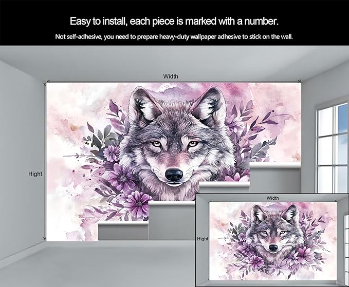 Wolf with Floral Watercolor Wall Mural, Purple Wolf Watercolor Art 3D Wall Murals, Art Flower Painting Wallpaper Mural, for Living Room Bedroom Large Wallpaper Indoor Decor 197" W x124.8 H