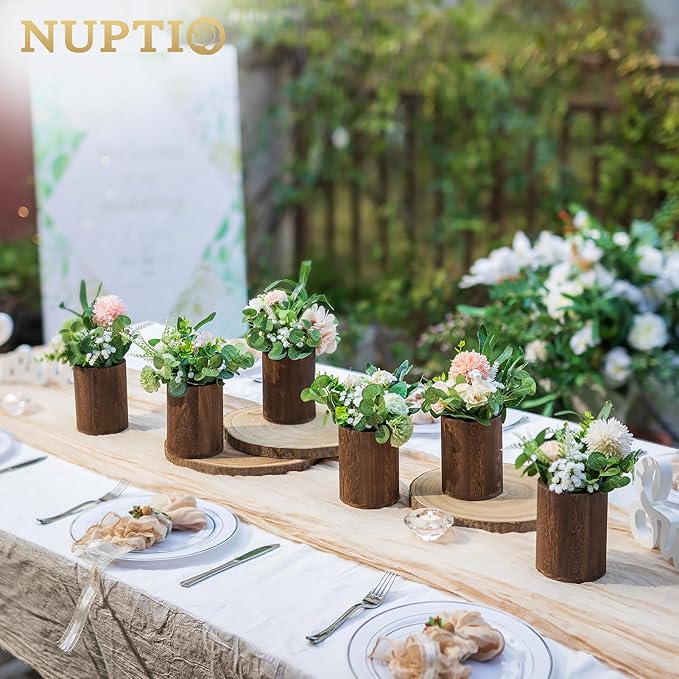 NUPTIO Wood Vases Rustic Centerpiece: 2 Pcs 5.1" Wooden Vase for Home Decor - Brown Small Vase for Wedding Table Living Room Shelf Decor