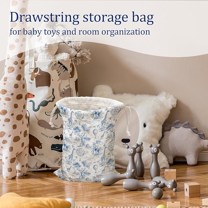 DSHFG Blue Safari Toile Chinoiserie Birthday Drawstring Gift Wrap Bags, Chinoiserie Animal Baby Shower Drawstring Gift Bags Canvas, Blue and White Small Happy Birthday Bag, Gifts for Women, 10x13 Inch