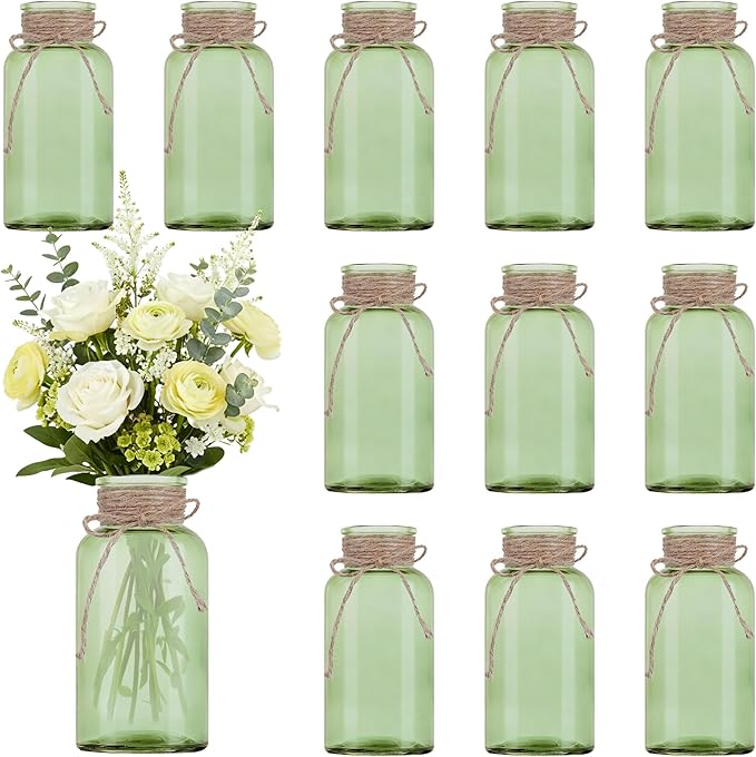 Vintage Glass Flower Vase，12 Pack Green Farmhouse Glass Centerpiece Vases Mason Jars for Weddings, Parties & Home Decor Bulk (12, Green)