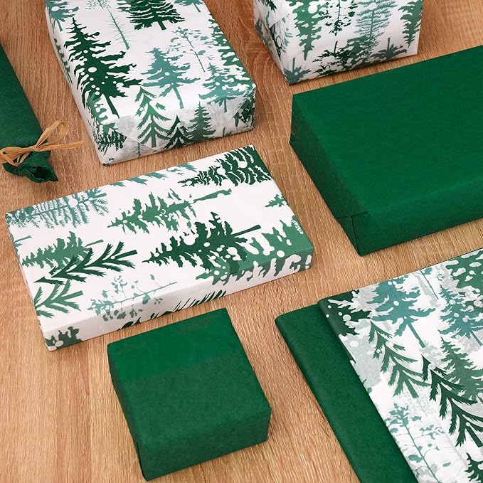 Whaline 100 Sheets Christmas Tree Tissue Paper Dark Green Folded Flat Woodland Tree Wrapping Paper Green Gift Wrapping Tissue Papers Rustic Art Crafts for Home DIY Gift Box Xmas Winter Decoration