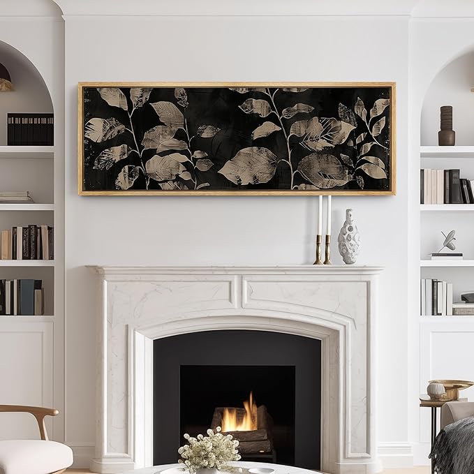 SIGNFORD Large Framed Canvas Print Wall Art Modern Noir Leaves Monochrome Botanical Shadows Illustrations Modern Art Calm Warm for Living Room, Bedroom, Office - 60"x20"
