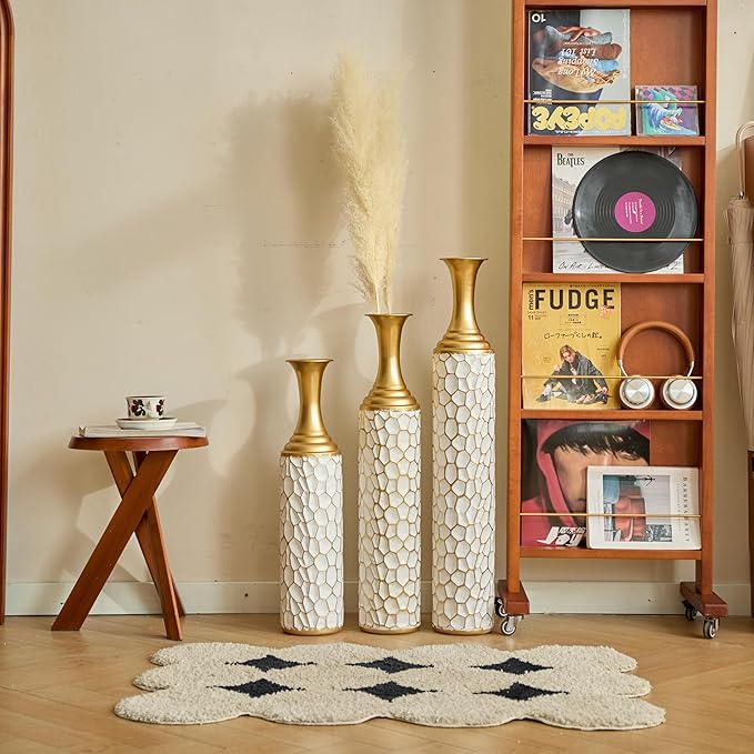 Floor Vases, Tall Home Decor Metal Vase Set of 3 Large Glazed Decorative Vases for Wedding Decor, Elegant Modern Flower Holder for Living Room, Entryway, Hallway, Dining Room