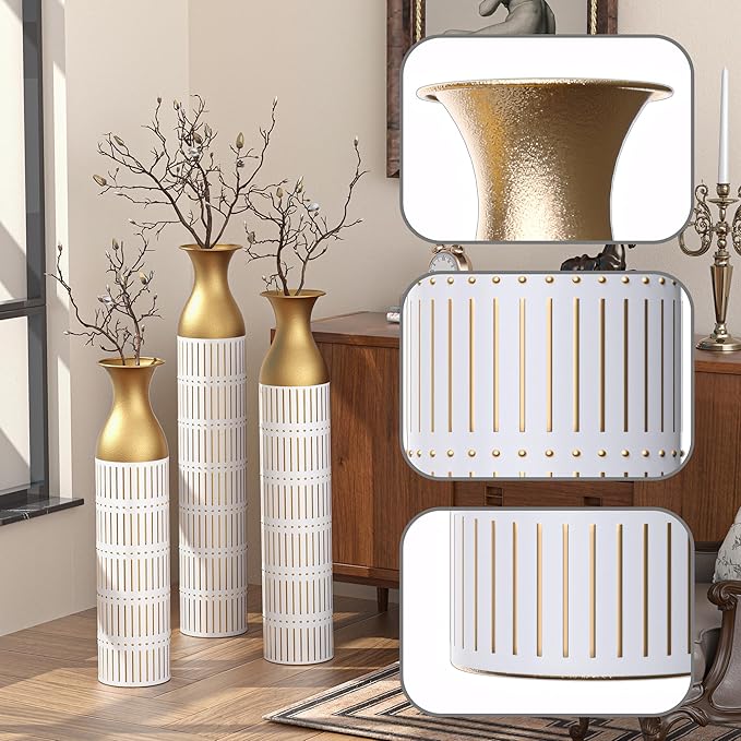Floor Vases, Tall Home Decor Metal Vase Set of 3 Large Glazed Decorative Vases for Wedding Decor, Elegant Modern Flower Holder for Living Room, Entryway, Hallway, Dining Room