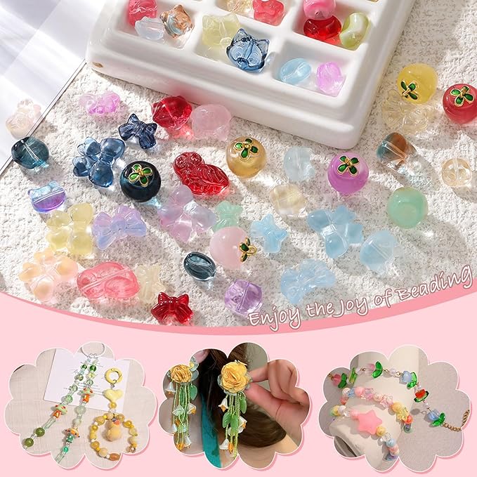150-200Pcs Assorted Glass Beads for Jewelry Making Colorful Beads of Various Flower Butterfly Geometric Animal Bow Charms Crystal Loose Bead for Bracelet Necklace Earrings Pendant Crafts DIY