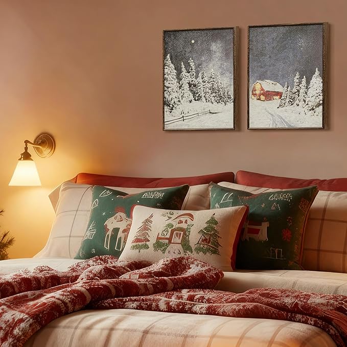 ArtbyHannah Framed Christmas Canvas Wall Art Decor Set of 2, Xmas Pictures Prints Paintings for Living Room Bedroom, Winter Holiday Home Indoor Decorations with Red House and Tree (12x16 Inch)
