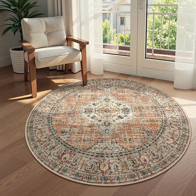Lahome Oriental Washable Round Rugs, Non-Slip Round Rug 4ft Ultra-Thin, Vintage Soft Small Circle Carpet for Entryway Kitchen Bedroom Nursery Bathroom, Peach/Orange