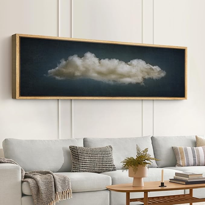 SIGNFORD Large Framed Canvas Print Wall Art Single Fluffy Cloud on Dark Sky Minimalist Atmospheric Illustrations Modern Art Relax/Calm Warm for Living Room, Bedroom, Office - 60"x20"