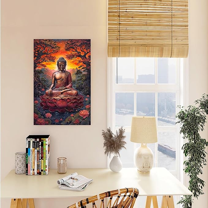 Golden Buddha on lotus seat serene meditation statue amidst lush trees flowing water and sunrise light spiritual home art for a tranquil decor 20x30in Wood Framed