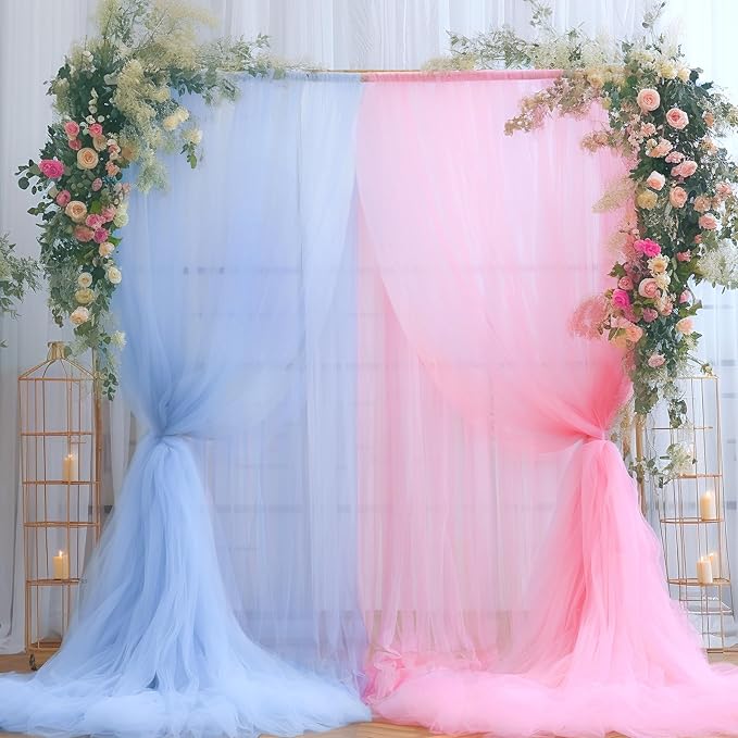 Pink and Blue Backdrop Curtain for Gender Reveal Girl and Boy Party Sheer Tulle Backdrop Drapes for Baby Shower Birthday Party Photoshoot Background Decorations 2 Panels 5ft X 8 ft