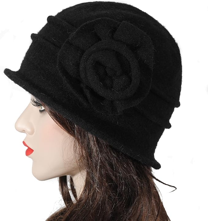 ZLYC Women Wool Cloche Bucket Hat 1920s Vintage Dress Winter Hats with Flower Accent