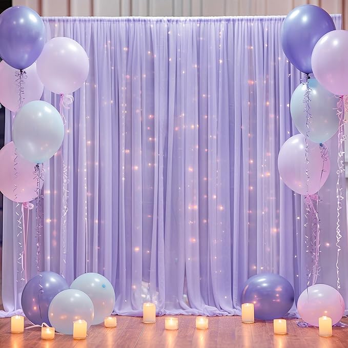 10ft x 8ft Purple Backdrop Curtain with Lights String for Parties, Sheer Tulle Wedding Photo Backdrops Drapes for Baby Shower Birthday Party Decorations Background for Photography