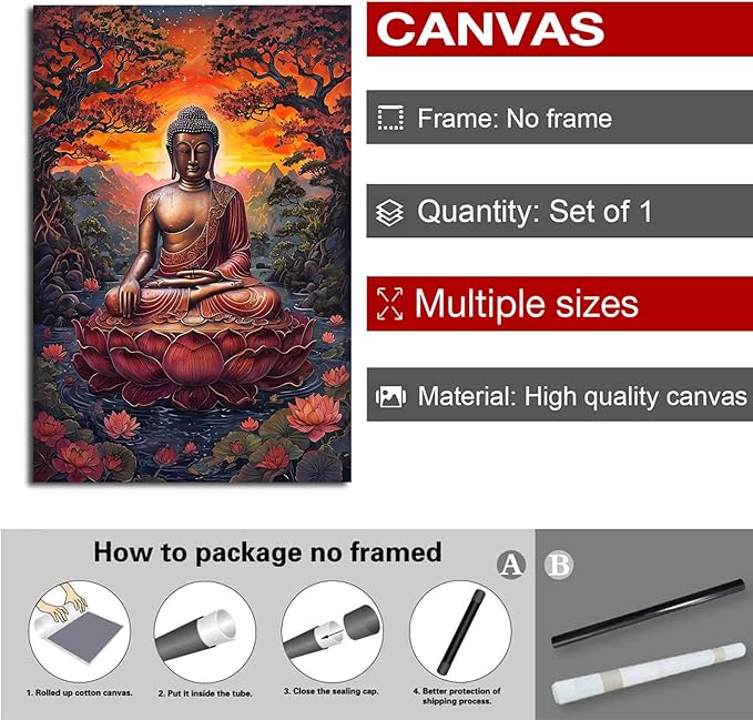 Golden Buddha on lotus seat serene meditation statue amidst lush trees flowing water and sunrise light spiritual home art for a tranquil decor 20x30in Frameless