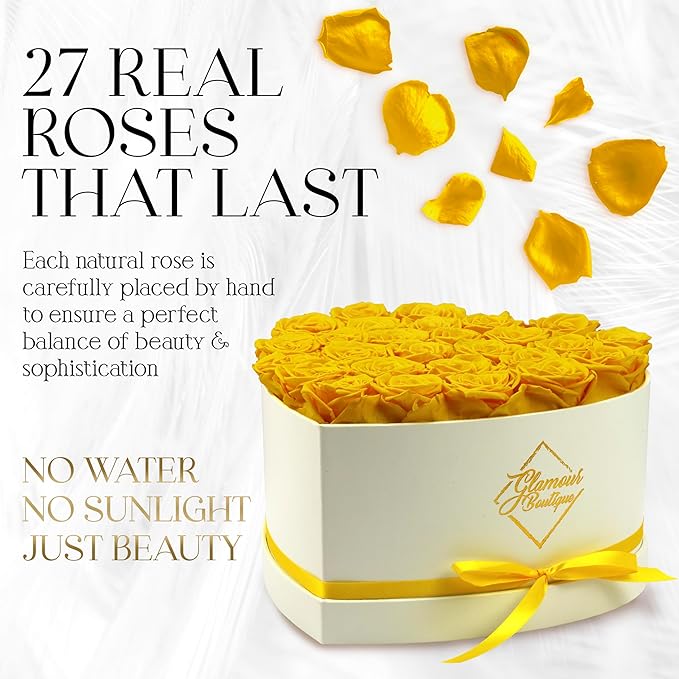 GLAMOUR BOUTIQUE Preserved Roses in a Box - Gifts for Her, Wife & Mom, Rose Flowers Forever Decor for Birthday Gift, Get Well Flower Bouquet Cased in White Box with Cover - Yellow - 27-Piece