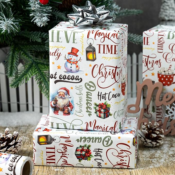MAYPLUSS Christmas Wrapping Paper Roll - 17 In x 33 Feet - Cute Watercolor Santa Claus Snowman Christmas Gift Wrap Paper for New Year, Holiday, Kids