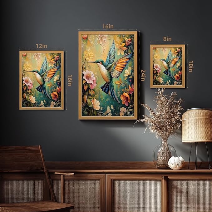 LLEEMPI William Morris Wall Art, Vintage Bird Floral Wall Decor, Hummingbird Flower Canvas Painting, Colorful Nature Botanical Aesthetic Picture for Living Room Bedroom Kid Room Wood Framed 8x10 inch