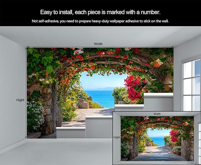Mediterranean Arch Seaside Wall Mural, Flower Tunnel Ocean View 3D Wall Murals, Greek Island Style Wallpaper Mural, for Living Room Bedroom Large Wallpaper Indoor Decor 98.4" W x68.9 H
