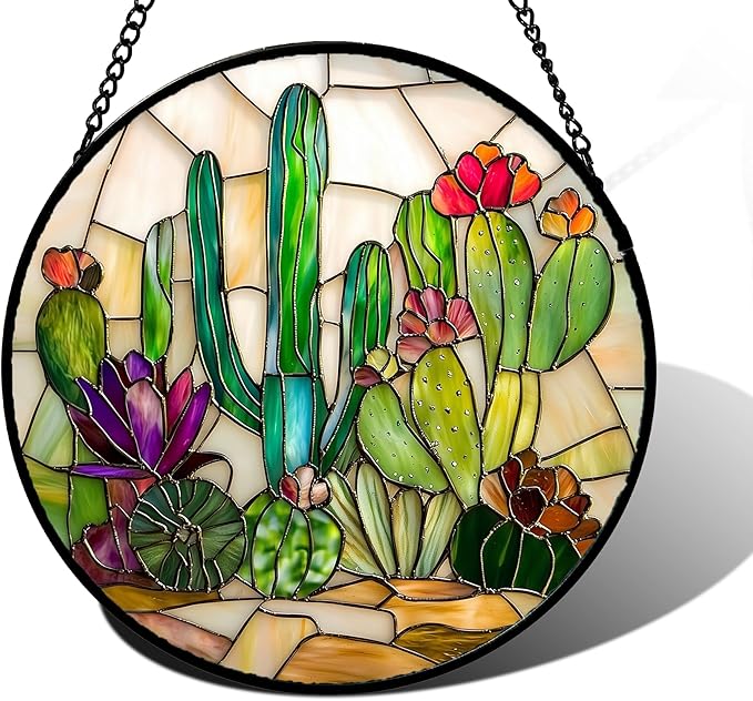 Stained Glass Window Hanging, White Green Cactus Suncatcher Diamond Glass Panel Hangings Sun Catchers Decor for Birthday for Women, Men, Wife, Aunt, and Mom 7.8 in
