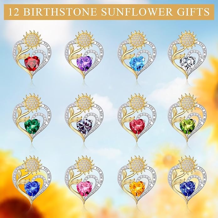 Iefil Christmas Gifts for Women Wife - Sunflower Birthstone Necklace for Women, Anniversary Birthday Gifts 925 Sterling Silver Heart Pendant You Are My Sunshine Jewelry for Girlfriend Mom Daughter