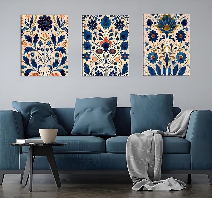 3 Pcs Blue Boho Flower Canvas Wall Art, Floral Painting Poster Wall Decor,Wildflower Botanical Picture for Wall Living Room Bathroom Bedroom Home Decoration 12*16 in (Stretched Canvas on A Wooden Frame)