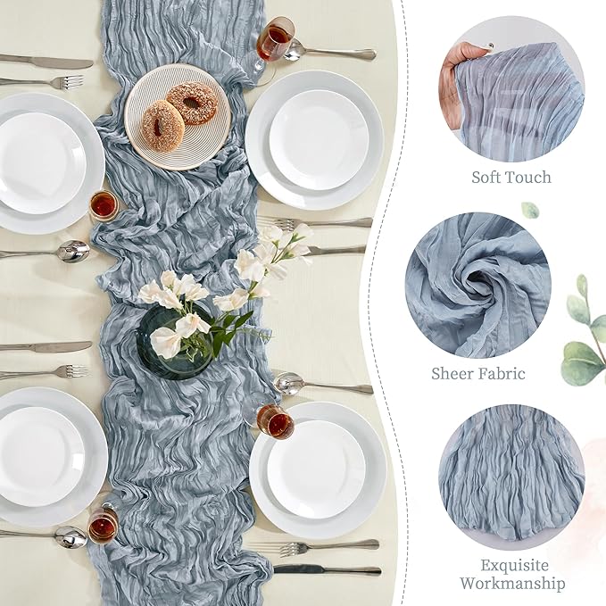 12 Pack Dusty Blue Cheesecloth Table Runner 10FT Long Boho Gauze Table Runner Rustic Sheer Runner for Wedding Bridal Baby Shower Birthday Party Table Decor Thanksgiving Christmas Decorations