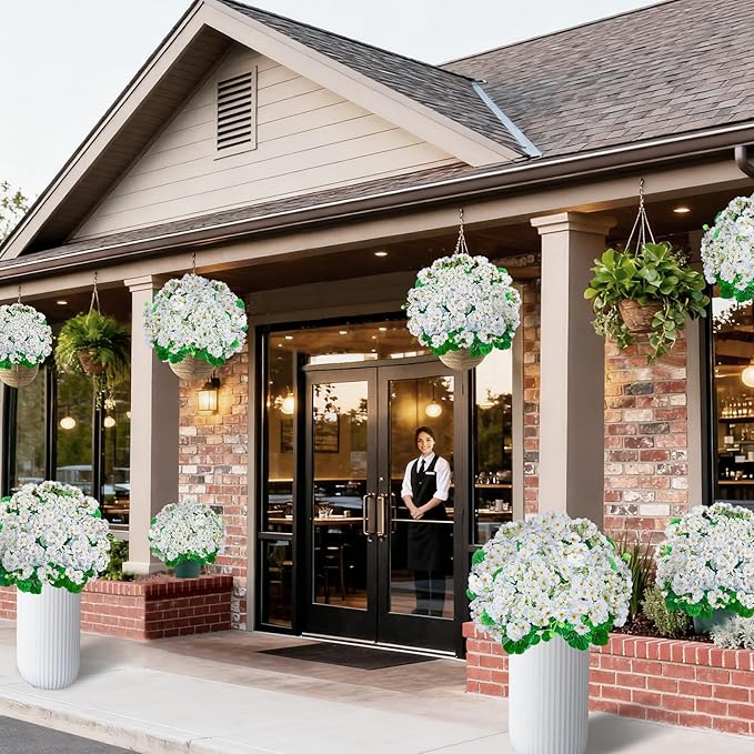 Artificial Handmade Geraniums With Flowers Scent Pots White Pink Purple Lavender Lifelike Faux Geraniums Bushes Fake Flowers for Wedding Party Home Office Indoor outdoor Plants Decor (White)