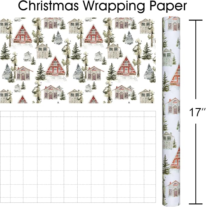 MAYPLUSS Christmas Wrapping Paper Roll - 17 In x 33 Feet - Cute Watercolor Christmas Tree Log Cabin Gift Wrap Paper for New Year, Holiday, Kids