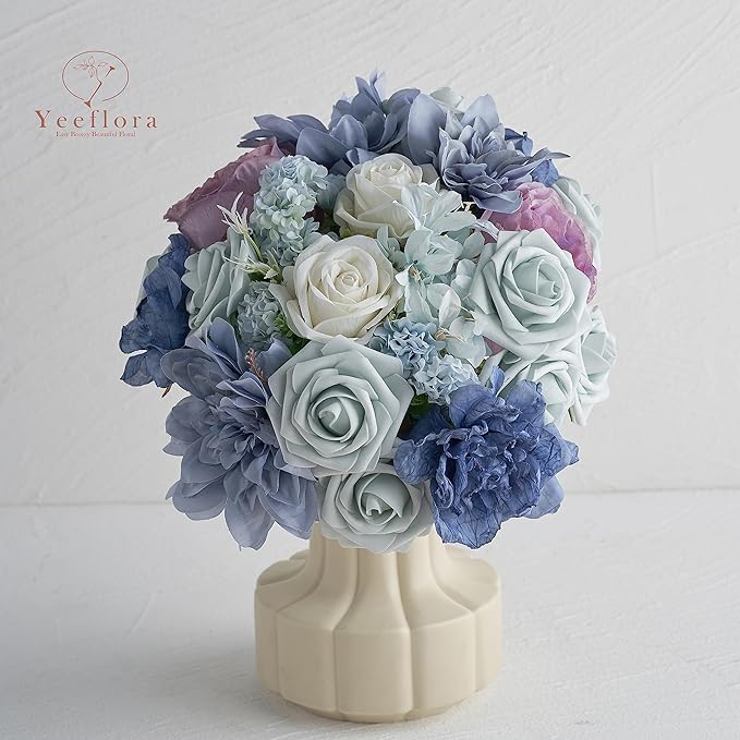 Artificial Flowers, 25pcs Light Blue Flowers Real Looking Artificial Rose for DIY Wedding Bouquets Centerpieces Arrangements, Blue Foam Flowers with Stem for Bridal Shower Party Home Decor