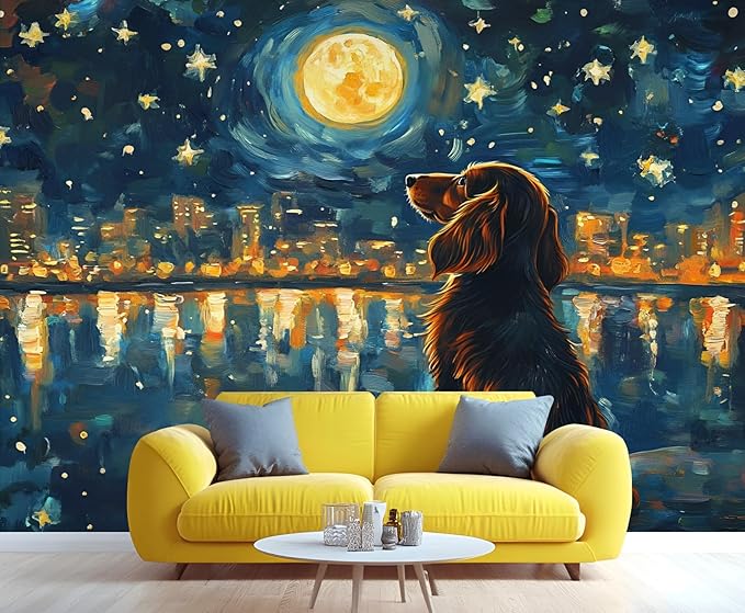 KIREUPA Dog and Moon Night Sky Wall Mural, Starry Night Cityscape 3d Wall Murals, Nighttime Dog Reflection Wallpaper Mural, for Living Room Bedroom Large Wallpaper Indoor Decor 59" W x39.4 H