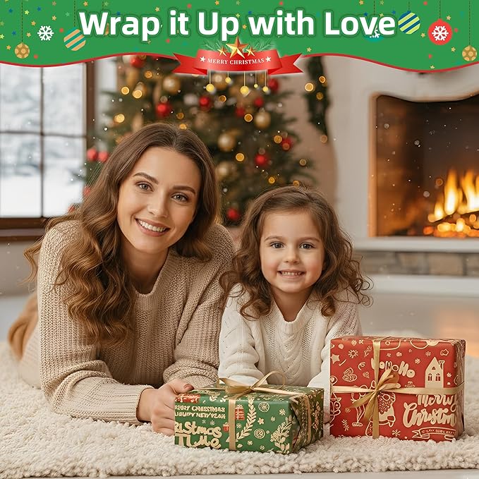 Anvure Christmas Wrapping Paper (4 Rolls: 147.24 sq. ft. ttl.) Kraft Set Featuring Santa Claus, Snowman & Xmas Presents, Red & Green Holiday Designs for Gift Wrap 29.92 Inch X 14.76 Feet Per Roll