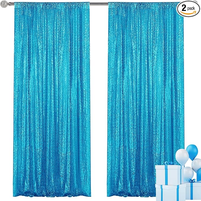 Turquoise Sequin Backdrop Curtain 2 Pieces 2FTx8FT Glitter Photography Backdrop for Party Wedding Birthday Christmas Decorations