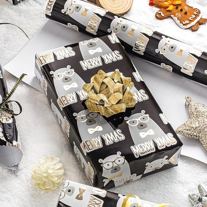 MAYPLUSS Metallic Foil Christmas Gift Wrap Paper - 17 Inch X 33 Feet - Cute Luxury Golden Bear w/Sunglasses on Black Design Winter Holiday Gift Wrap Present Paper Sheet for Party Birthday Baby Shower