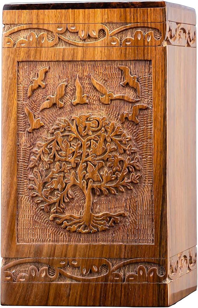 INTAJ Tree of Life Wooden Urn for Human Ashes, 20lbs Capacity, Suitable for Burial for Men, Women, Mom, Dad - Mini Rosewood Keepsake Cremation Urn for Ashes Handcrafted - Wooden Carved Box