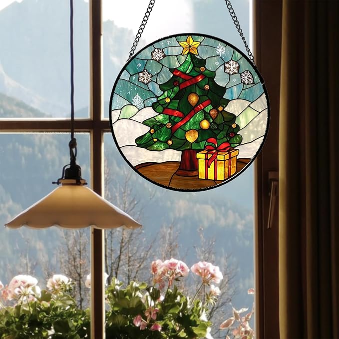 Stained Glass Window Hanging Green Christmas Tree Snowflake Large 15" - Suncatcher Door Garden Sun Catcher Xmas Holiday Decor Birthday for Mom Men Woman Friend Nana