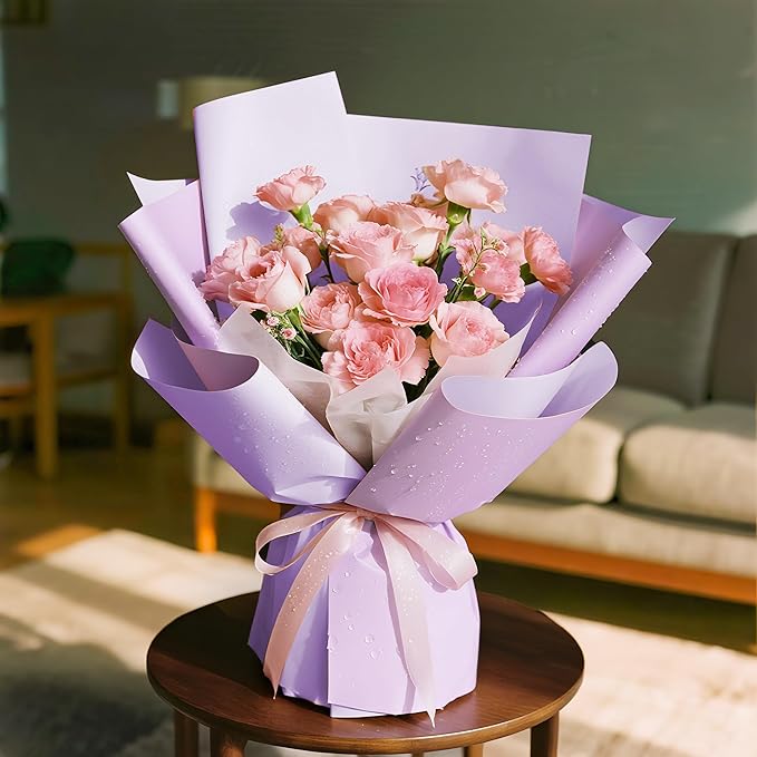 WRAPAHOLIC 20 Sheets Flower Wrapping Paper - 22.4 x 22.4 inch Light Purple Color Water-Resistant Floral Bouquet Wrapping Paper, Florist Supplies Packaging for Wedding Birthday Gift DIY