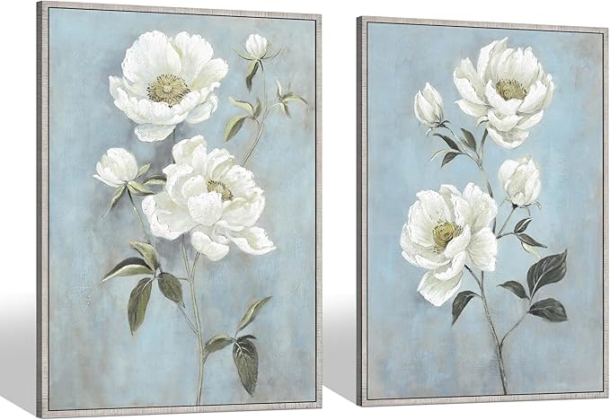 Flower Canvas White Wall Art: Living Room 2 Pieces Floral Prints Abstract Artwork Vintage Peony Bouquet Botanical Painting Picture for Bedroom Bathroom Home Office