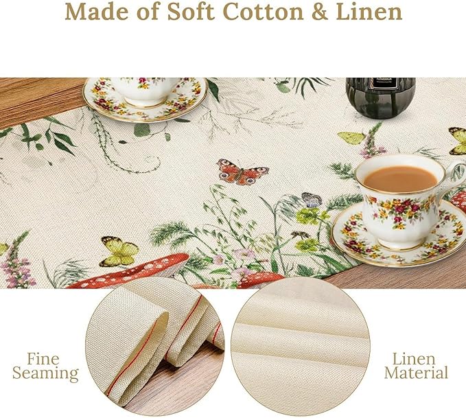Watercolor Mushroom Table Runner, Boho Vintage Green Plant Butterfly Wildflower Eucalyptus Leaf Print Table Cover for Home Holiday Party Indoor Outdoor, 13x36inch