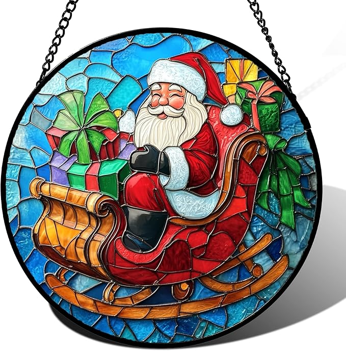 Stained Glass Window Hanging - Red Santa Claus Gift Box Suncatcher for Doors Home Christmas Decoration Winter Sun Catcher Thanksgiving New Year Birthday Gift for Women Men Mom Nana 7.8 in
