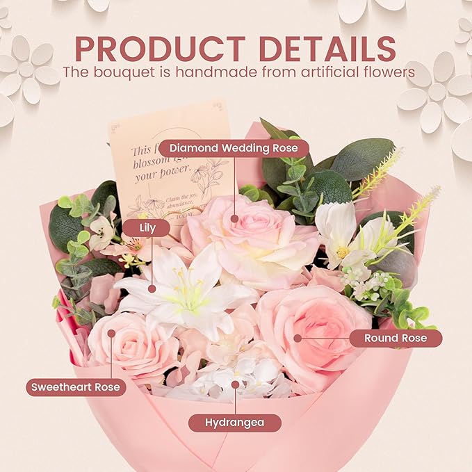 TINGE TIME Aritifical Flowers Bouquet, Pink Roses Gift Bouquet, Birthday Gifts for Women, Eternal Roses Bouquet for Grandma Wife Anniversary (PeachPink&White)