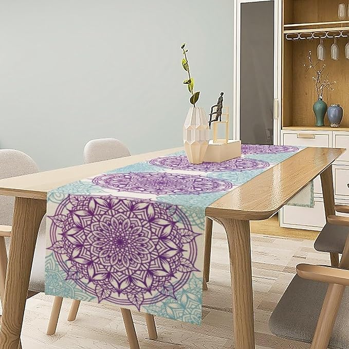 Boho Mandala Table Runner, Purple Blue Bohemian Floral Table Decor Runner for Kitchen Dining Indoor Outdoor Party Decoration, 13x36 Inch