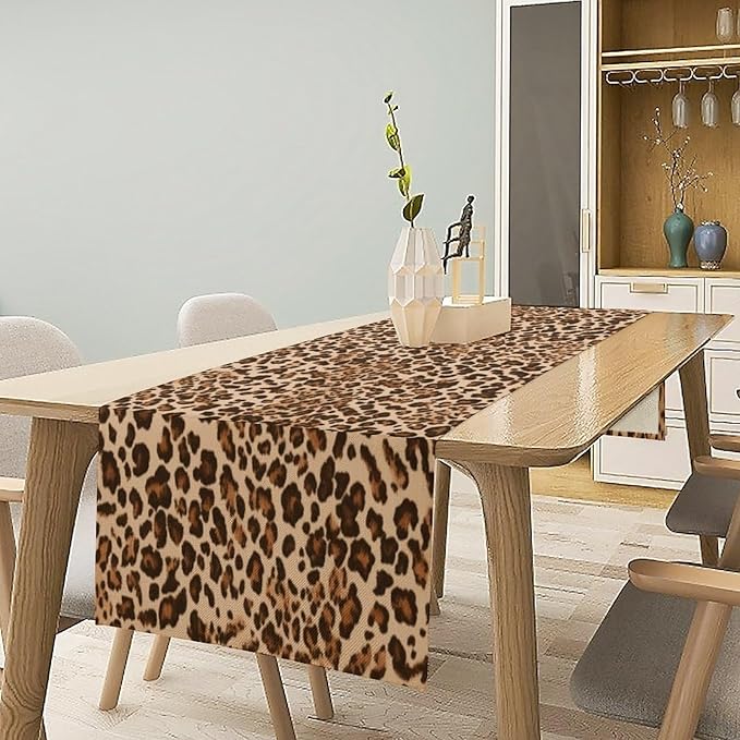 Leopard Skin Print Table Runner, Rustic Cottage Country Farmhouse Wildlife Safari Animal Skin Print Dinner Runner for Home Kitchen Dining Table Party Holiday Decor Brown 13x60in