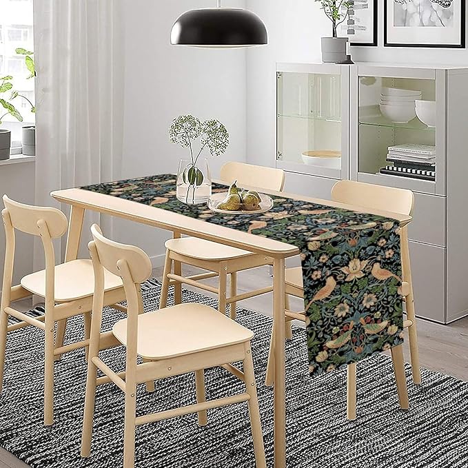 William Morris Floral Table Runner, Strawberry Thief Birds in Green and Blue Table Runner for Home Kitchen Dining Table Decoration,13x36 Inch