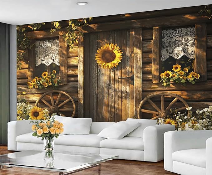 KIREUPA Rustic Cabin Sunflower Wall Mural, Vintage Cottage Door Sunflower 3d Wall Murals, Farmhouse Nature Wallpaper Mural, for Living Room Bedroom Large Wallpaper Indoor Decor 118" W x 82.6 "H