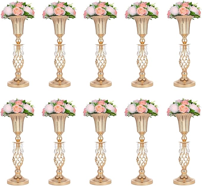 Pack of 10 Wedding Floral Crystal Flower Centerpiece Vases for Reception Centerpieces Party Event, 20.2 inches Versatile Flower Arrangement & Candle Holder Stand
